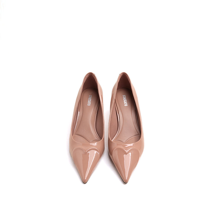 Nude Embossed Heart Patent Heeled Pumps