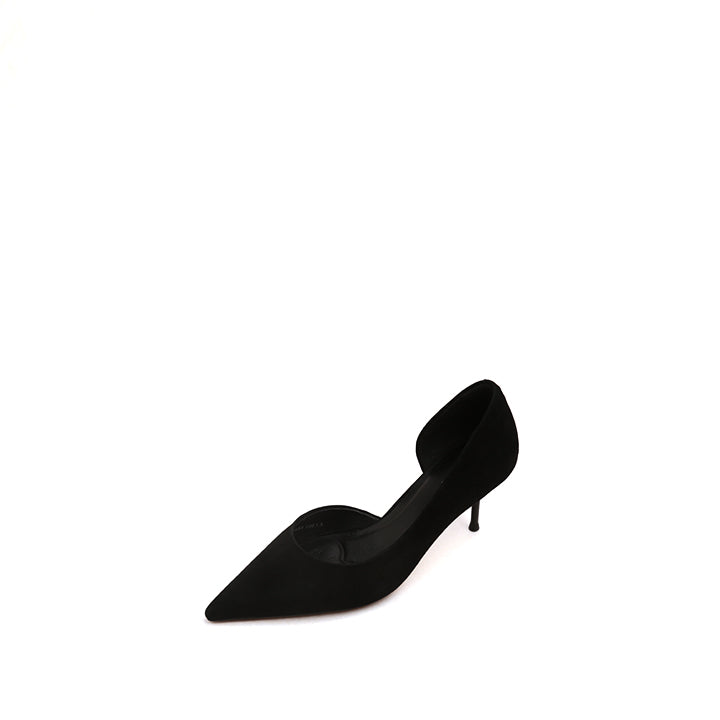 Black Suede Pointy D'Orsay Heeled Pumps