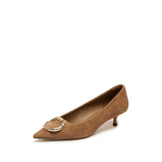 Taupe Suede Golden Symbol Buckle Heeled Pumps