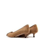 Taupe Suede Golden Symbol Buckle Heeled Pumps