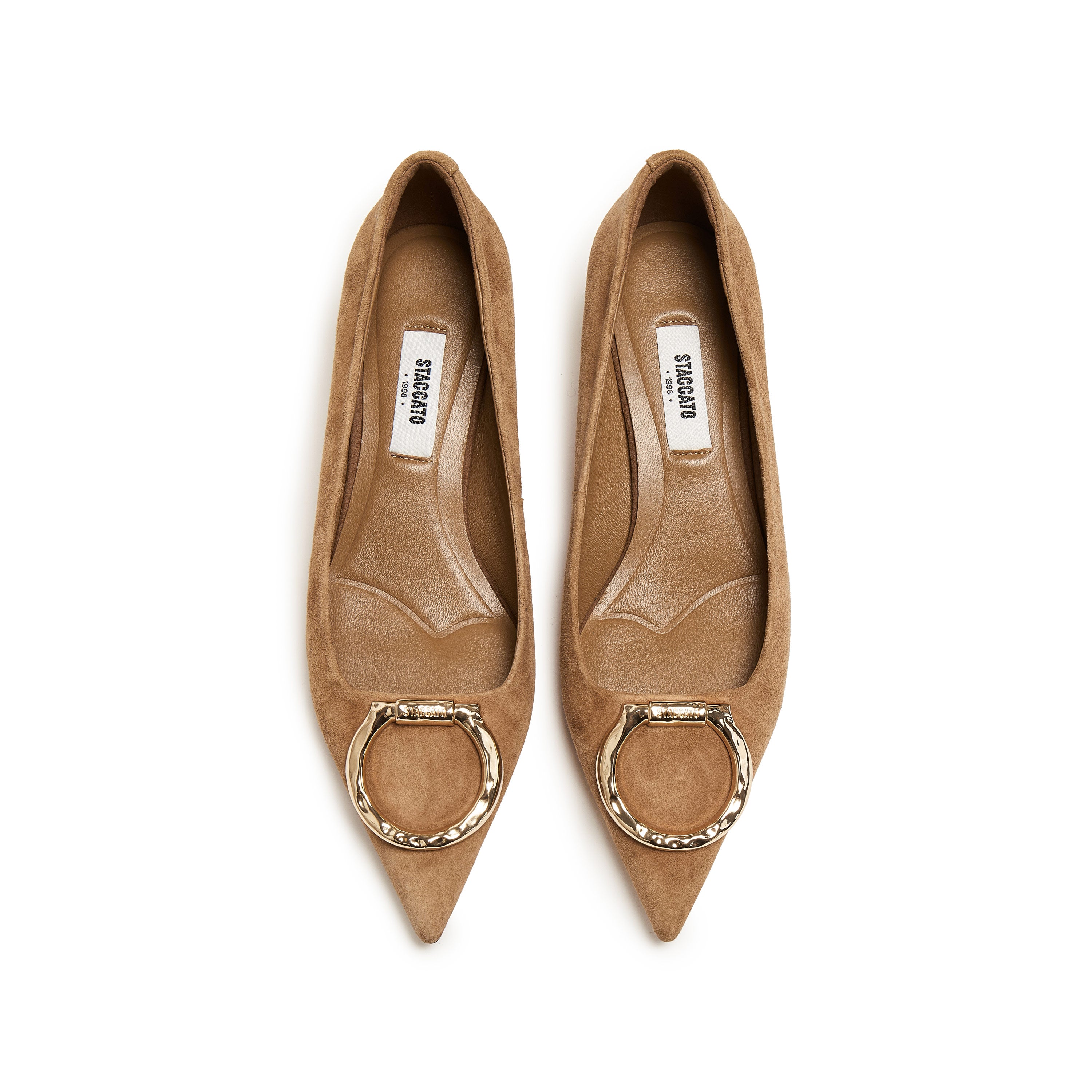 Taupe Suede Golden Symbol Buckle Heeled Pumps