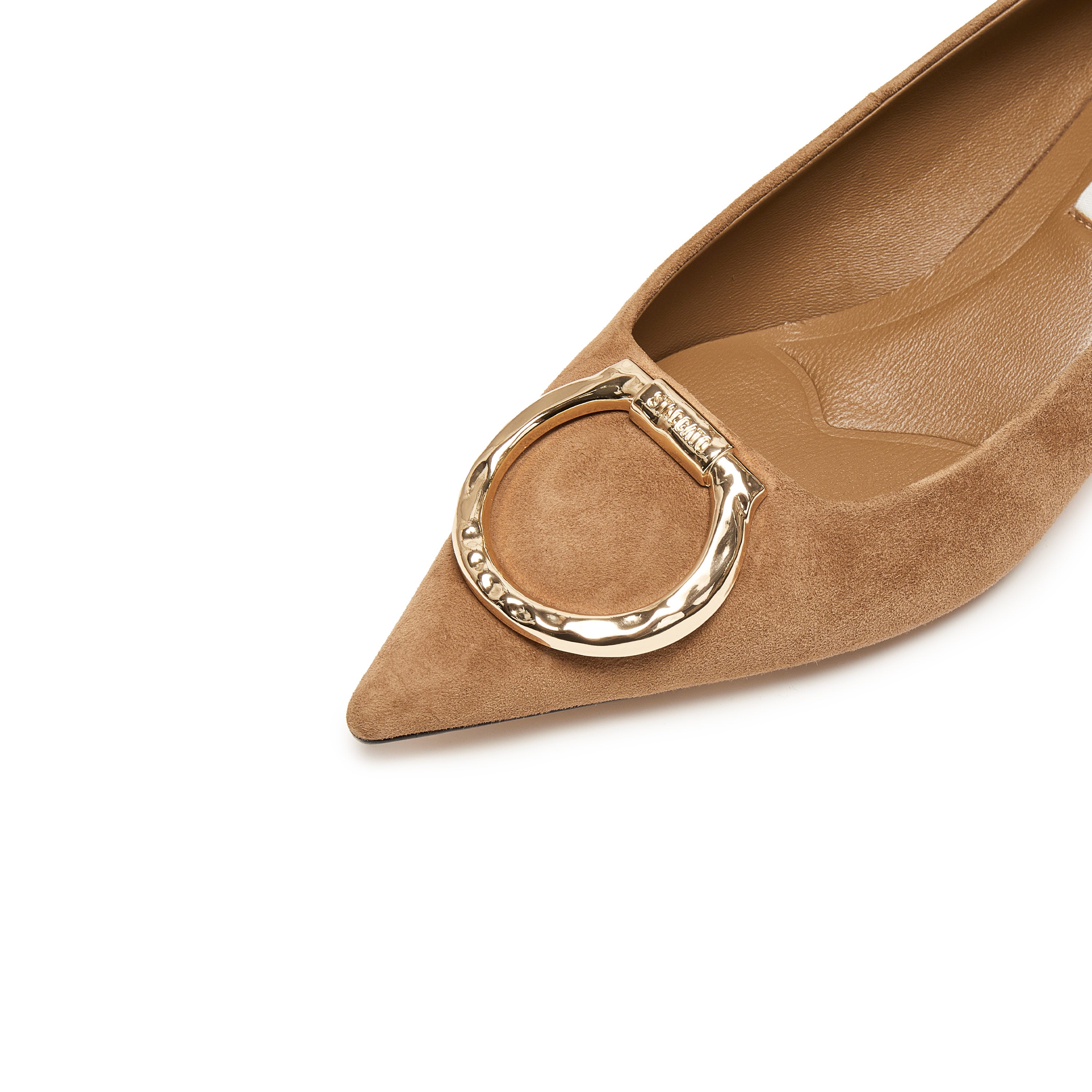 Taupe Suede Golden Symbol Buckle Heeled Pumps
