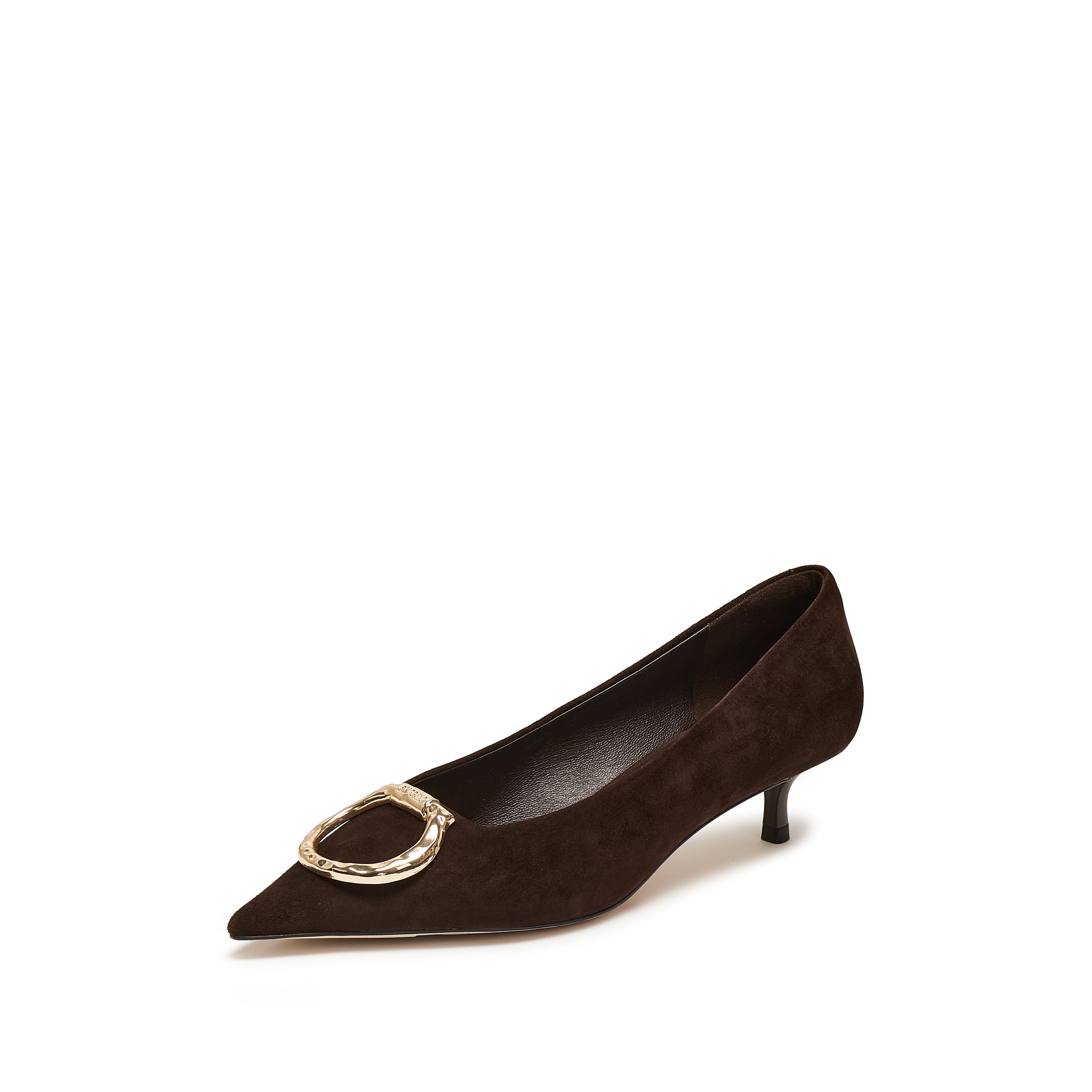Brownie Suede Golden Symbol Buckle Heeled Pumps