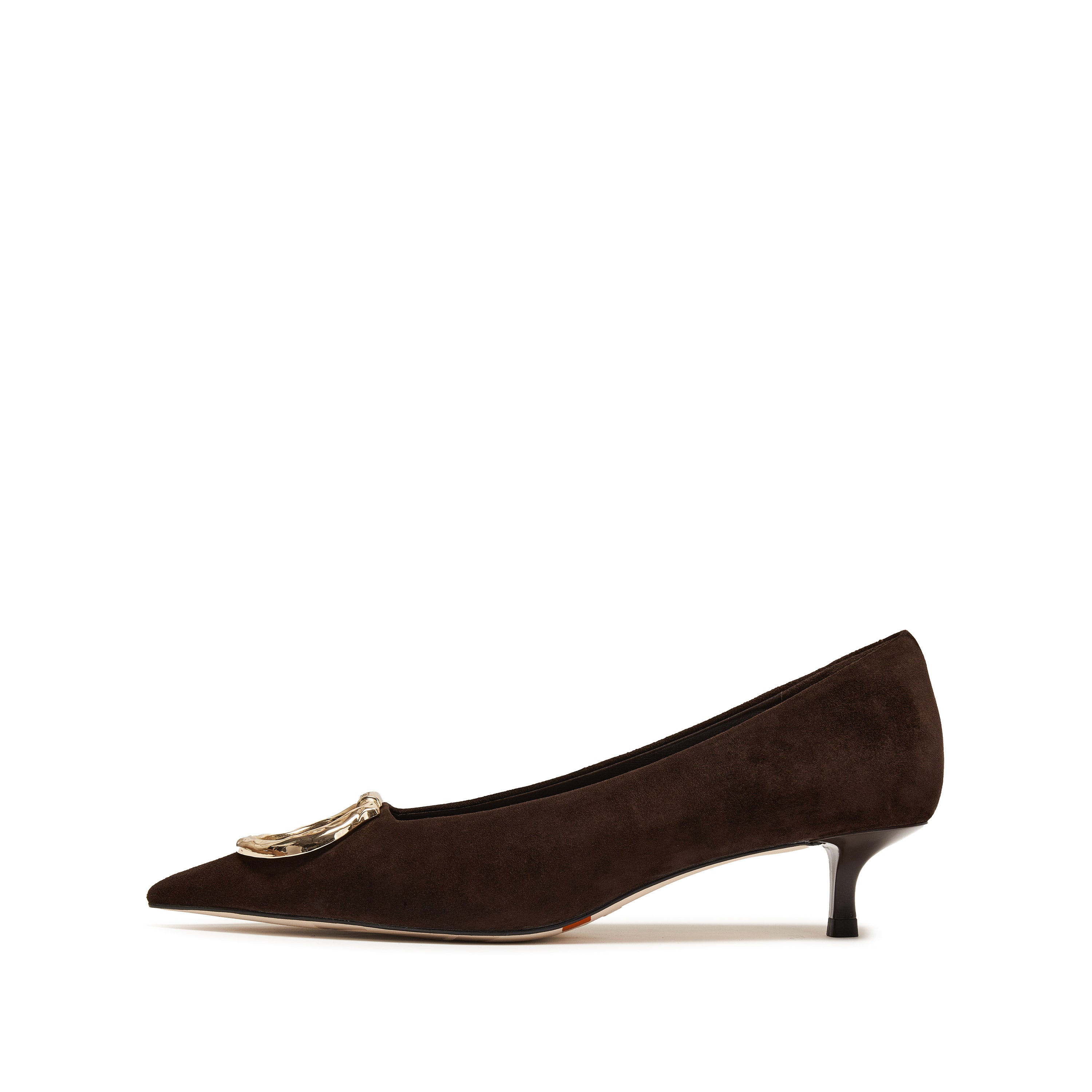 Brownie Suede Golden Symbol Buckle Heeled Pumps