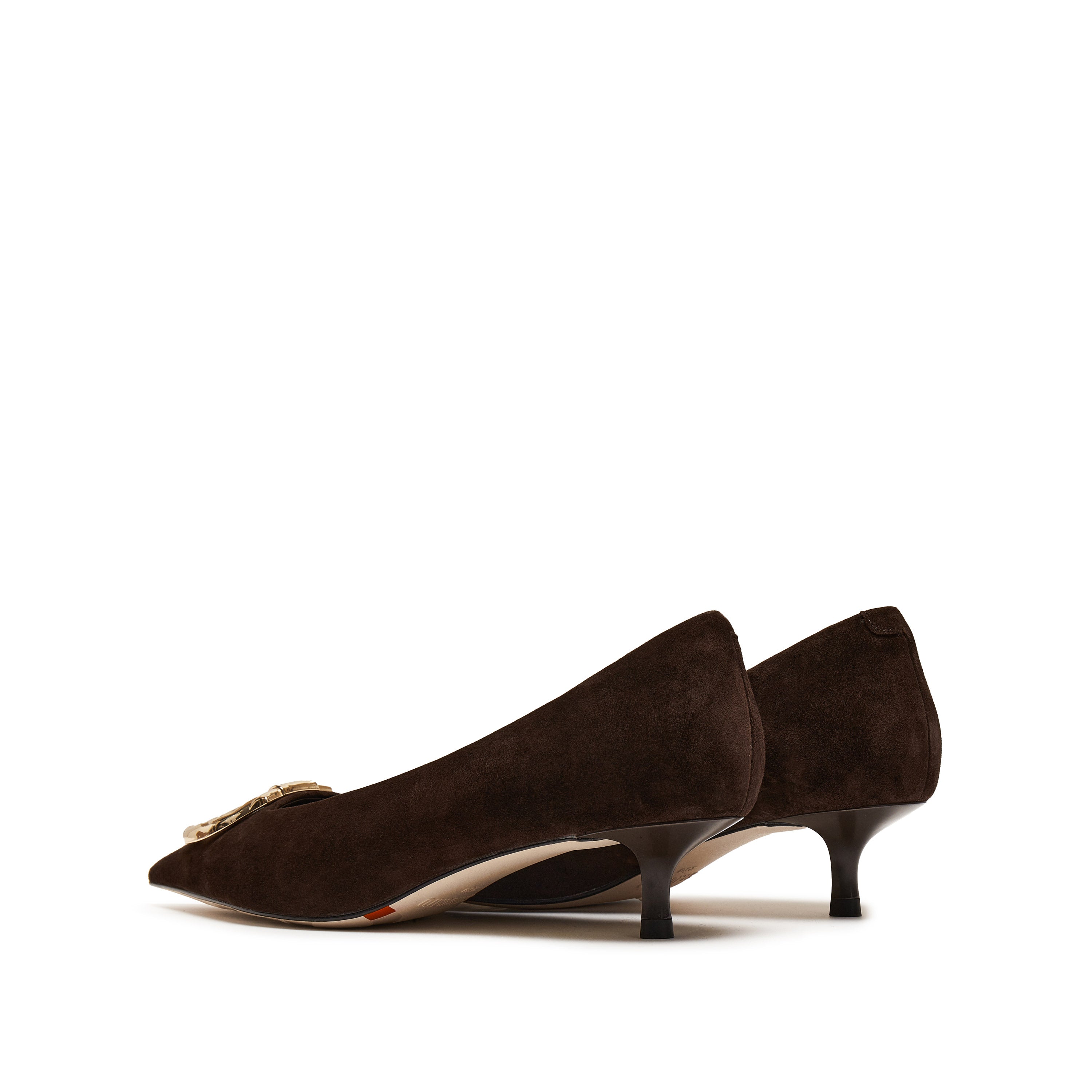 Brownie Suede Golden Symbol Buckle Heeled Pumps