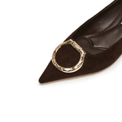 Brownie Suede Golden Symbol Buckle Heeled Pumps