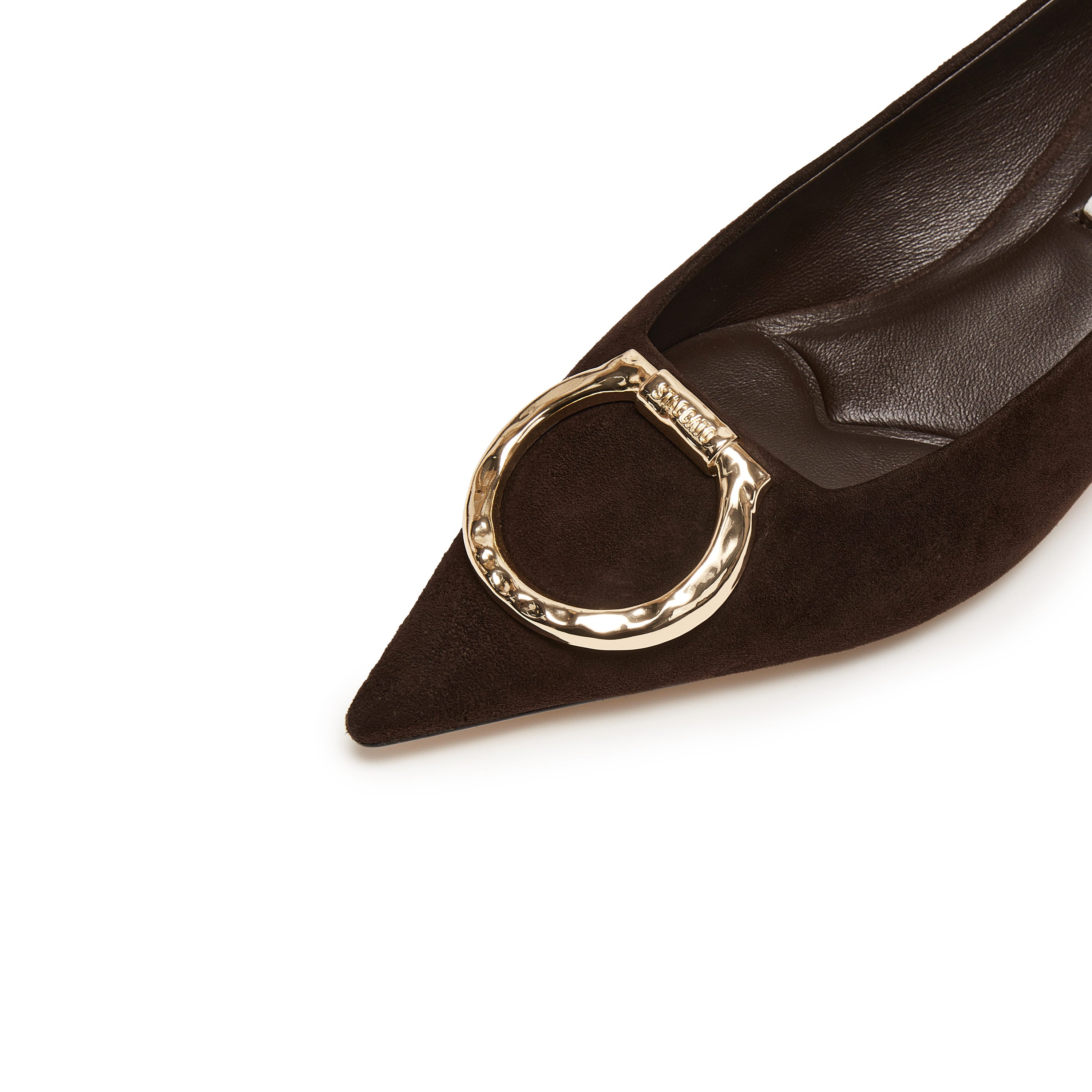 Brownie Suede Golden Symbol Buckle Heeled Pumps