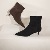 Brown Suede Pointed-Toe Kitten Heel Ankle Boots