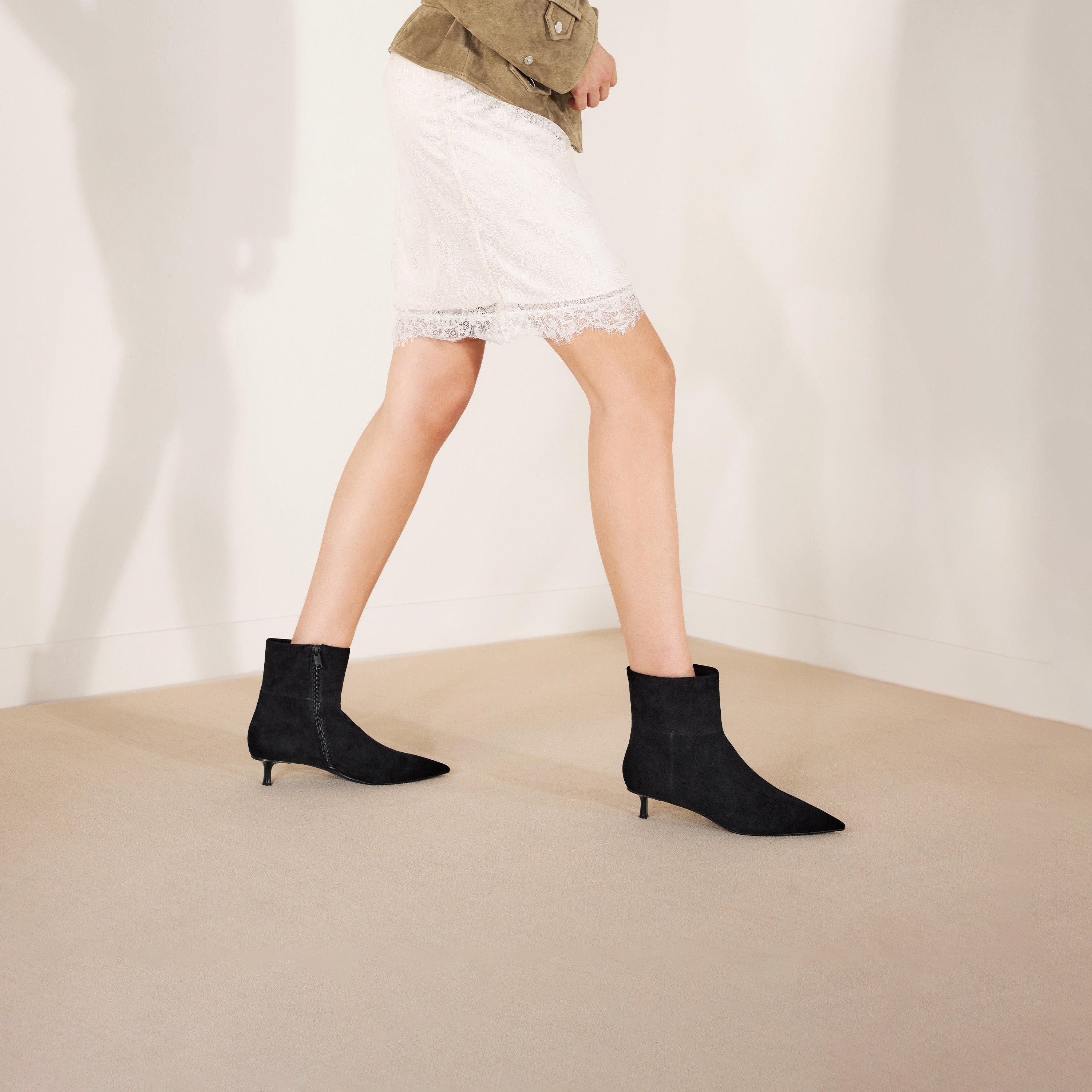 Black Suede Pointed-Toe Kitten Heel Ankle Boots