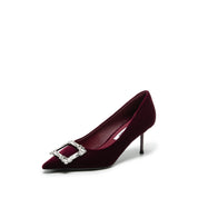 Velvet Crystal Square Buckle Stiletto Heel Pumps