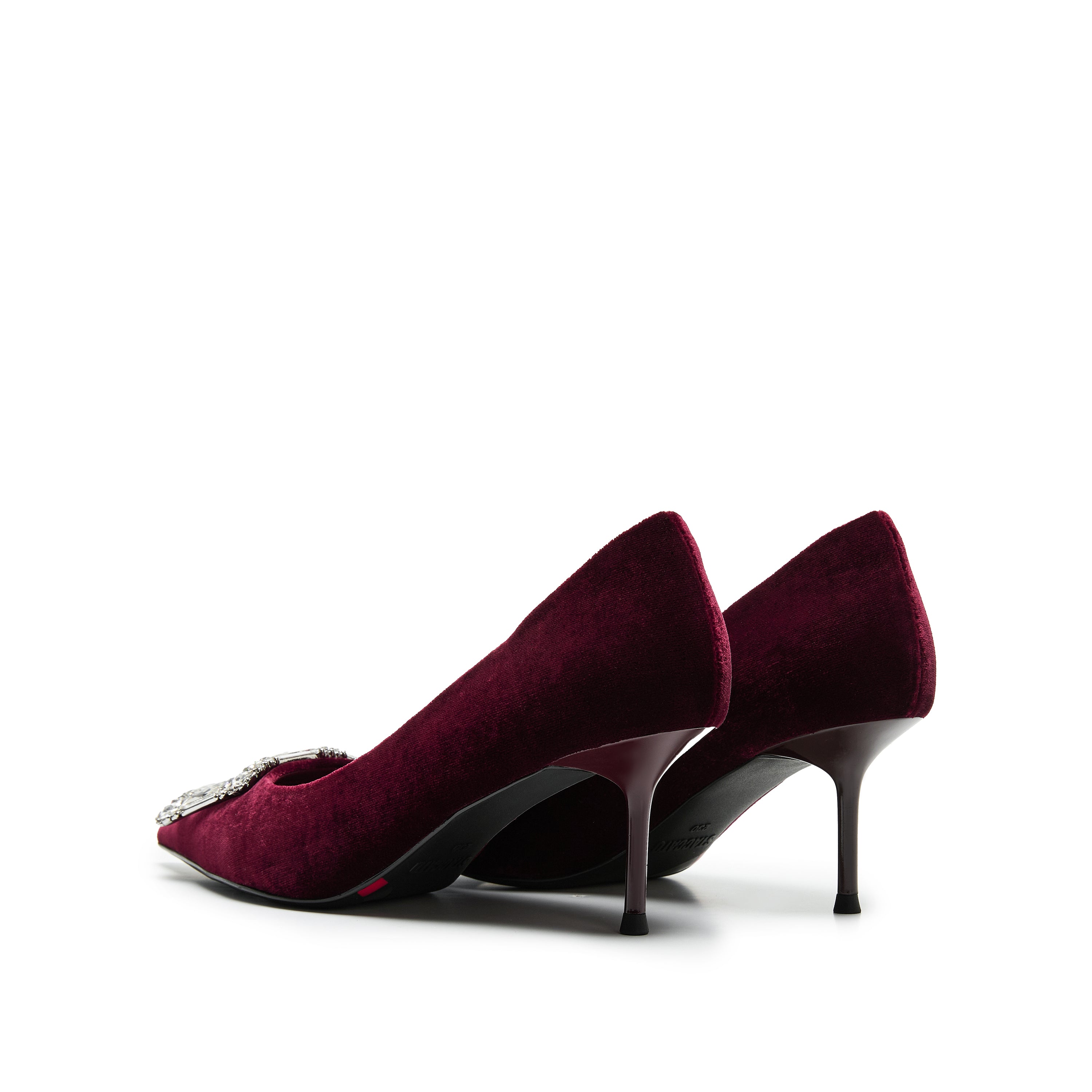 Velvet Crystal Square Buckle Stiletto Heel Pumps