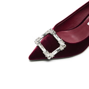 Velvet Crystal Square Buckle Stiletto Heel Pumps