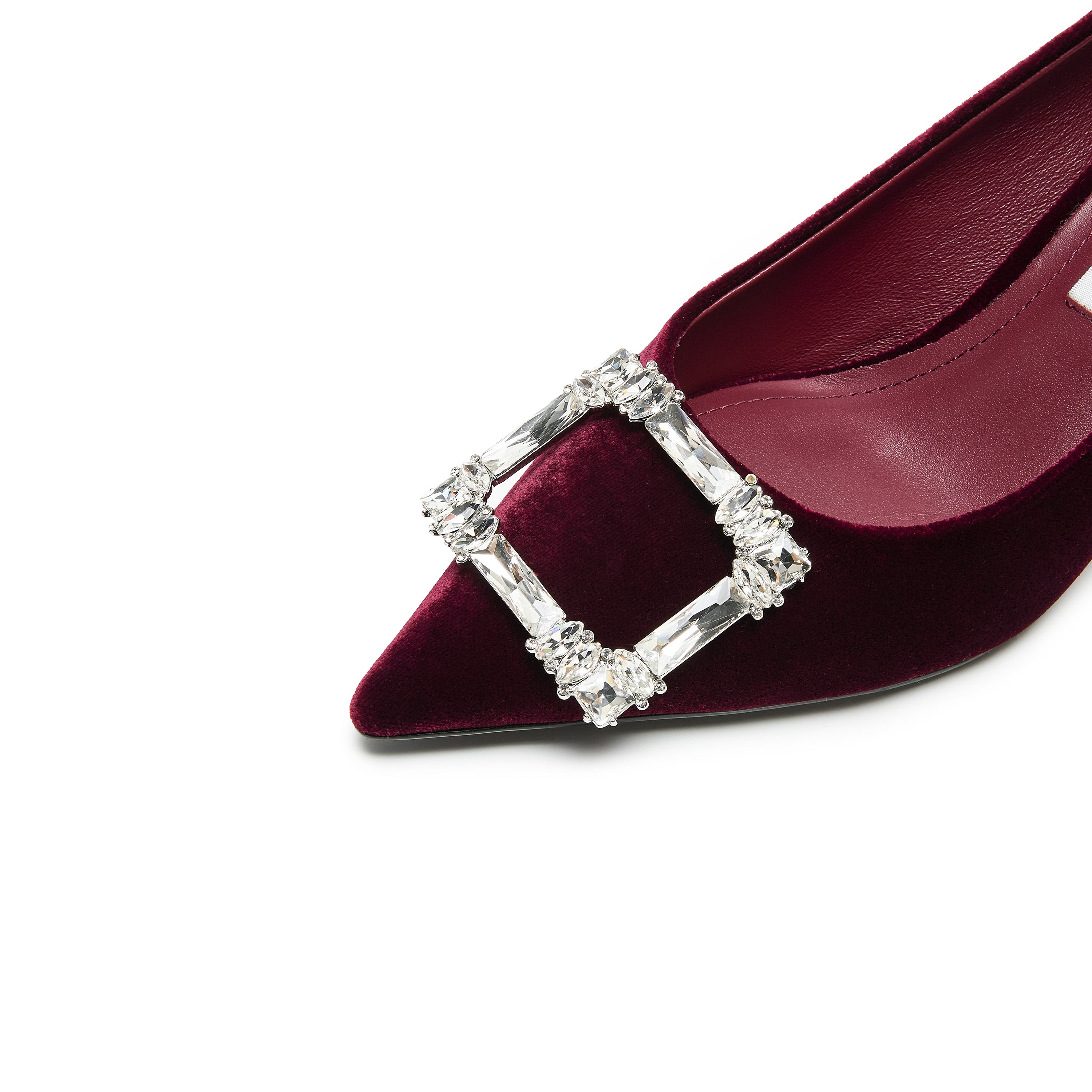 Velvet Crystal Square Buckle Stiletto Heel Pumps