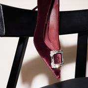 Velvet Crystal Square Buckle Stiletto Heel Pumps