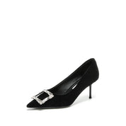 Velvet Crystal Square Buckle Stiletto Heel Pumps