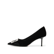 Velvet Crystal Square Buckle Stiletto Heel Pumps