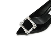 Velvet Crystal Square Buckle Stiletto Heel Pumps