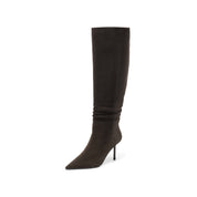 Brown Suede Pointed-Toe Stiletto Knee-High Boots