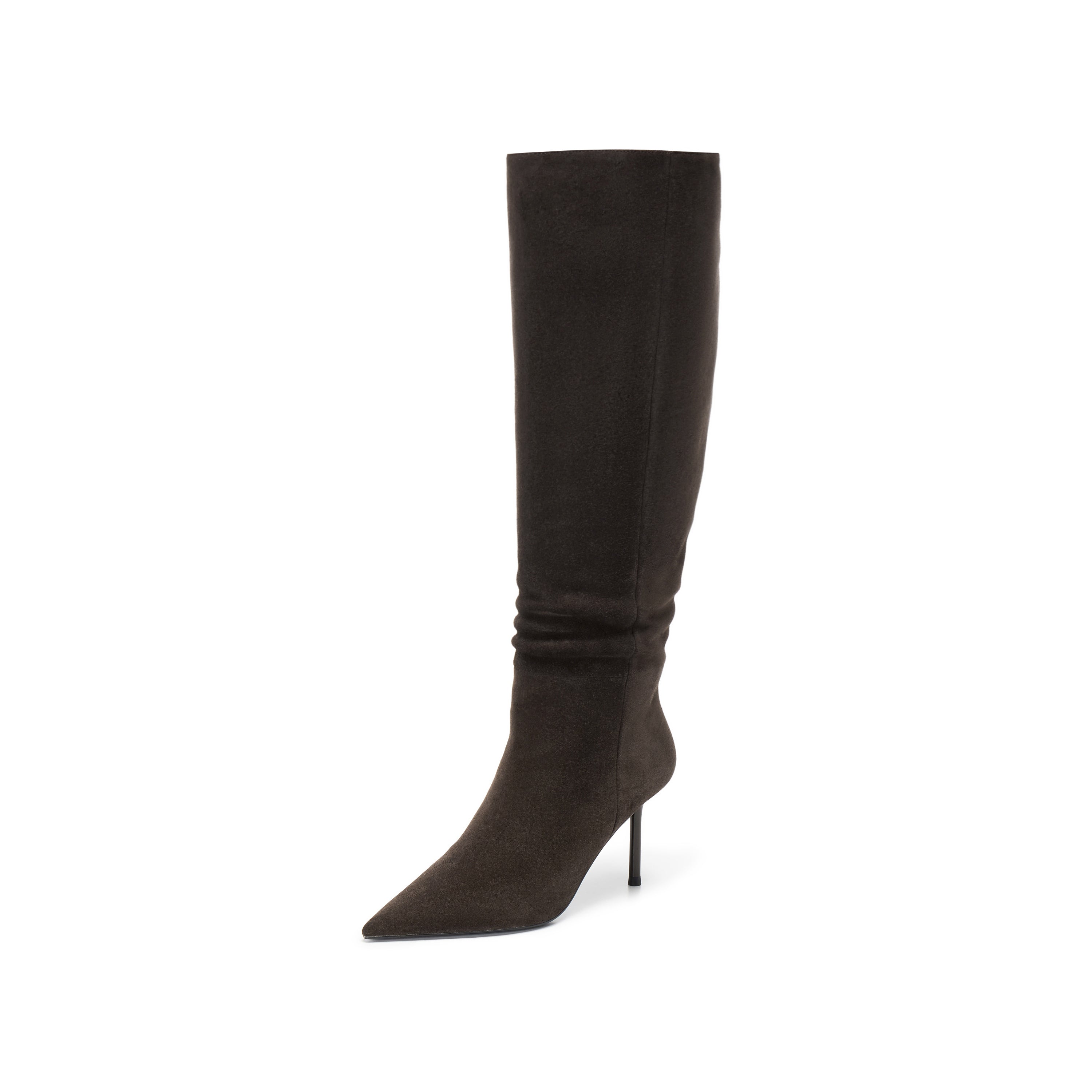 Brown Suede Pointed-Toe Stiletto Knee-High Boots