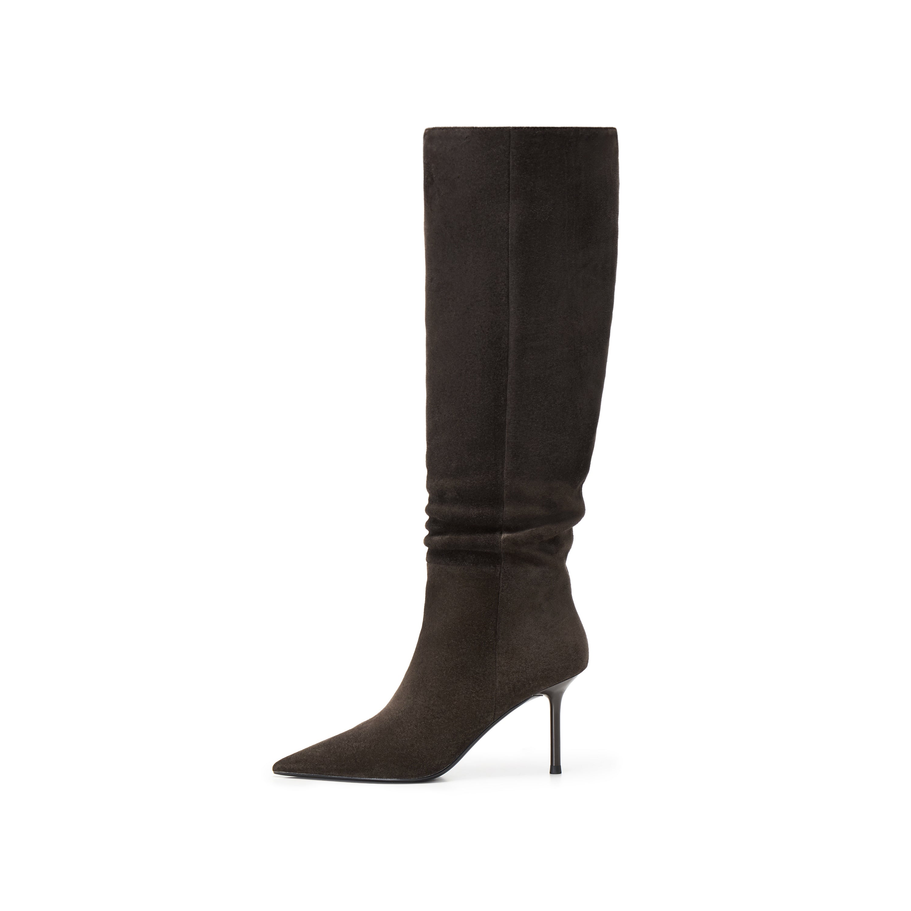 Brown Suede Pointed-Toe Stiletto Knee-High Boots