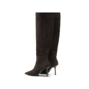 Brown Suede Pointed-Toe Stiletto Knee-High Boots