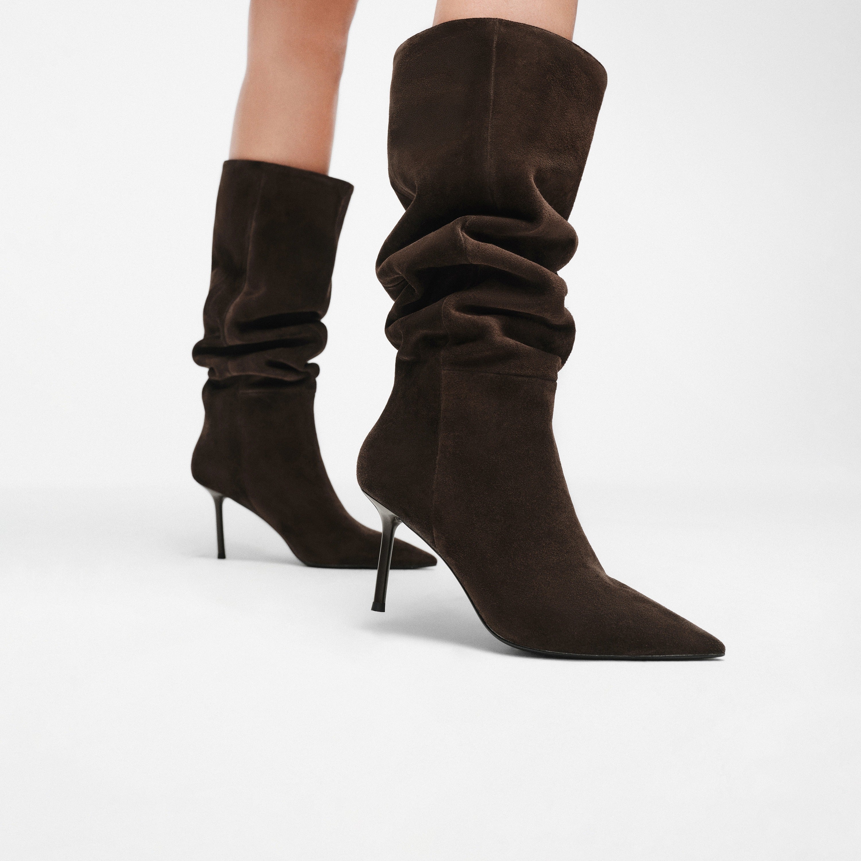Brown Suede Pointed-Toe Stiletto Knee-High Boots