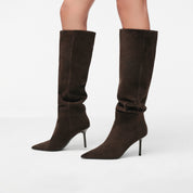 Brown Suede Pointed-Toe Stiletto Knee-High Boots