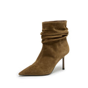 Khaki Slouchy Suede Pointed-Toe Stiletto Ankle Boots