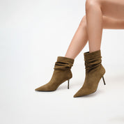 Khaki Slouchy Suede Pointed-Toe Stiletto Ankle Boots
