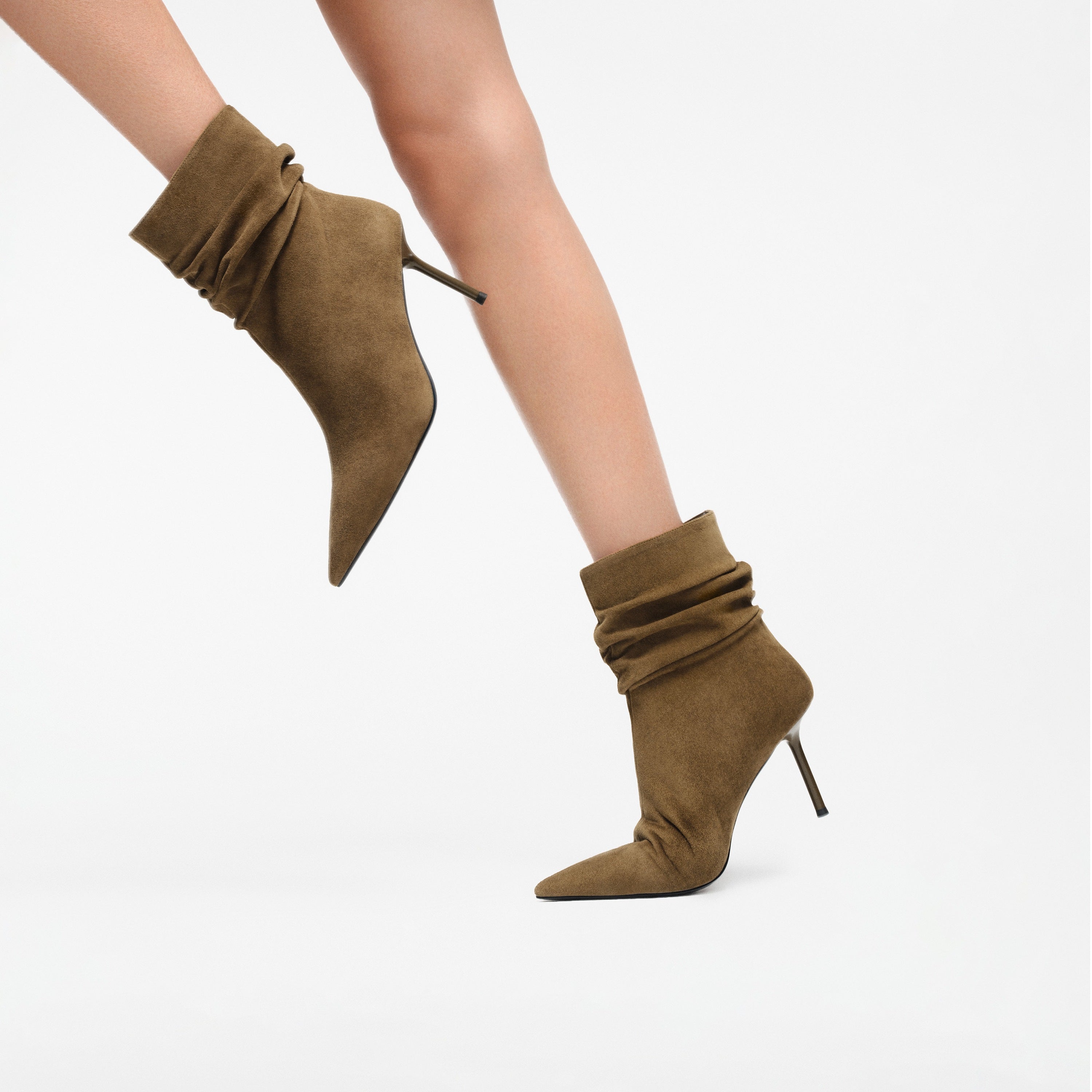 Khaki Slouchy Suede Pointed-Toe Stiletto Ankle Boots