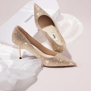 Light Gold Crystal Embellished Heeled Pumps