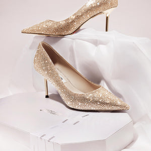 Light Gold Crystal Embellished Heeled Pumps