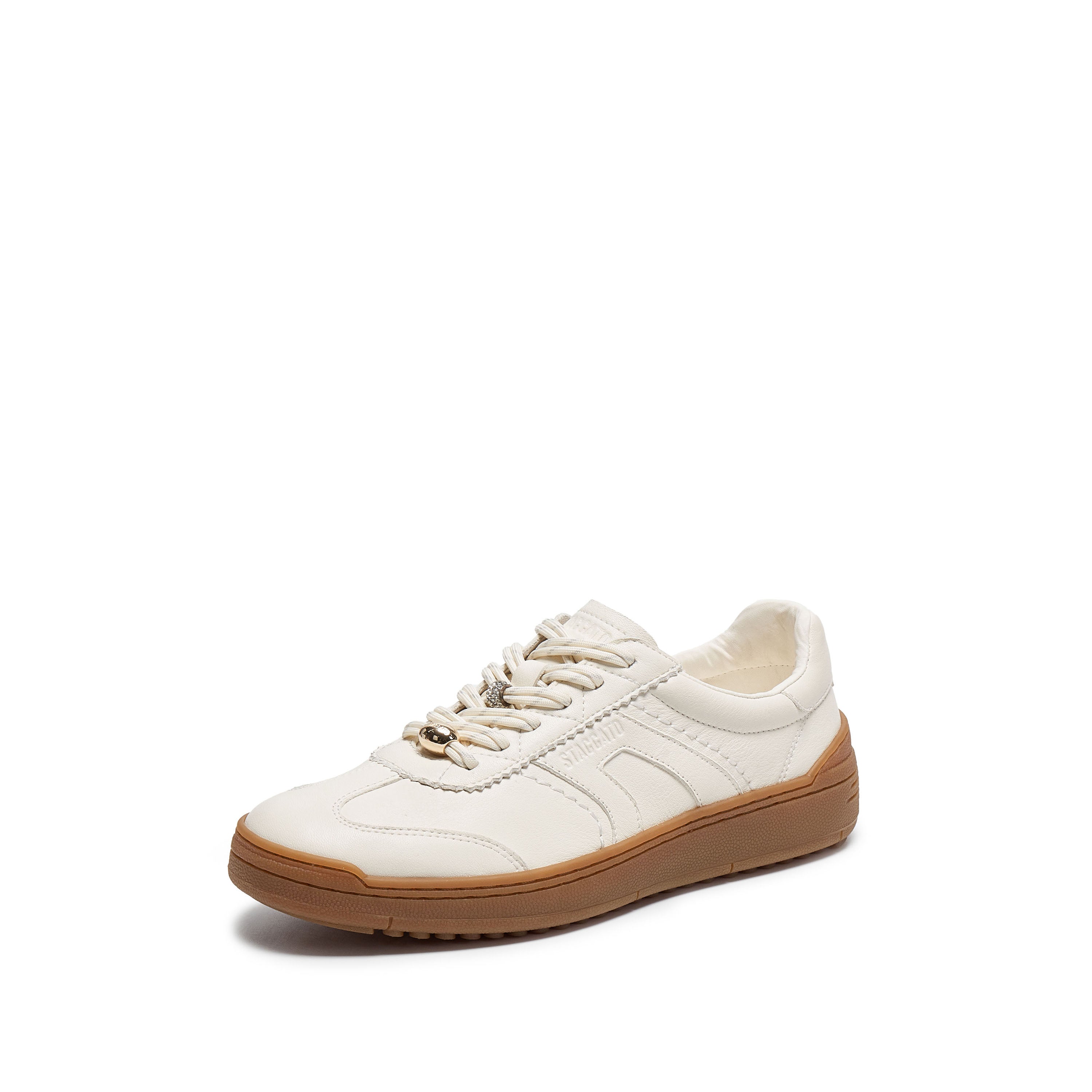 Beige Leather Glue Free Lace Up Runners