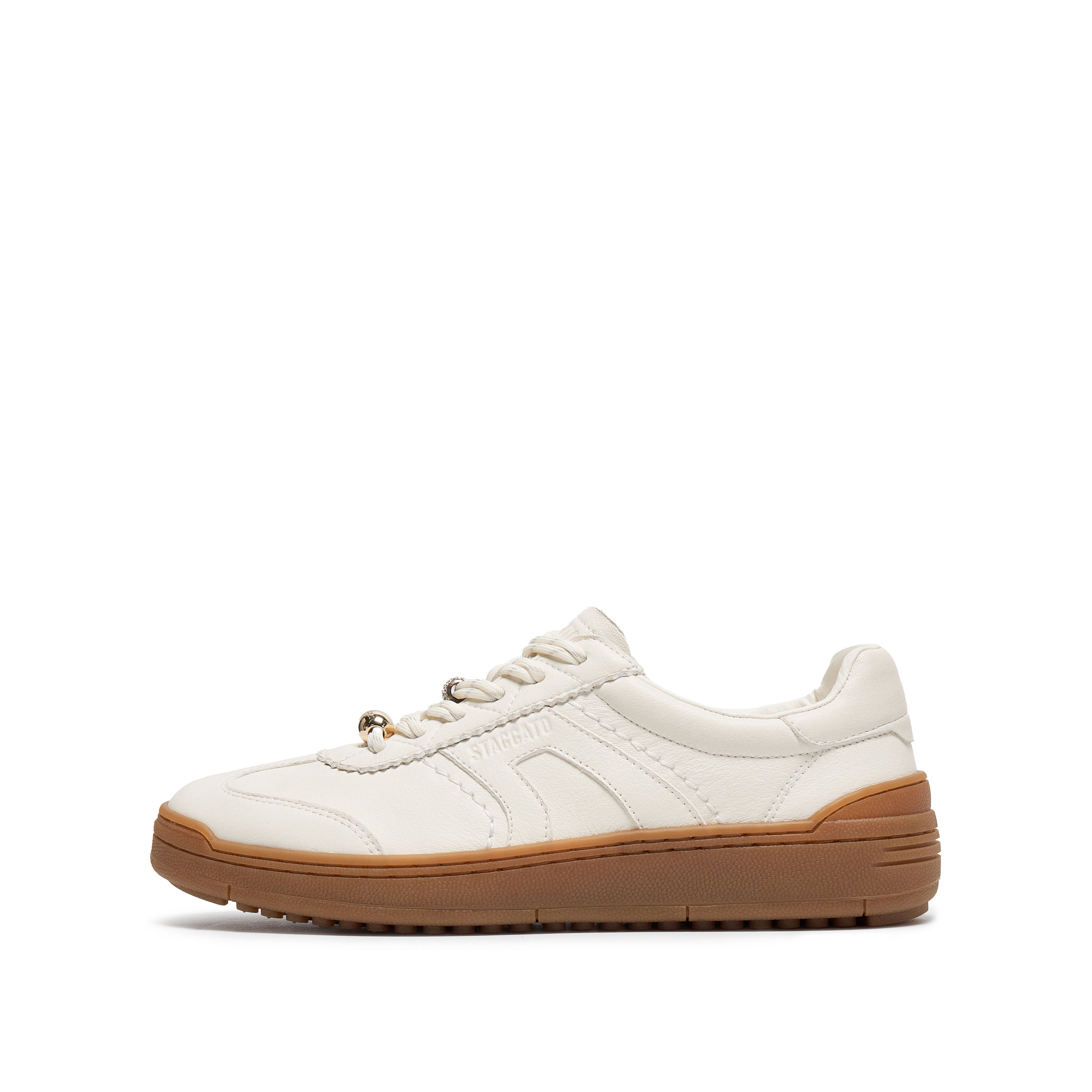 Beige Leather Glue Free Lace Up Runners