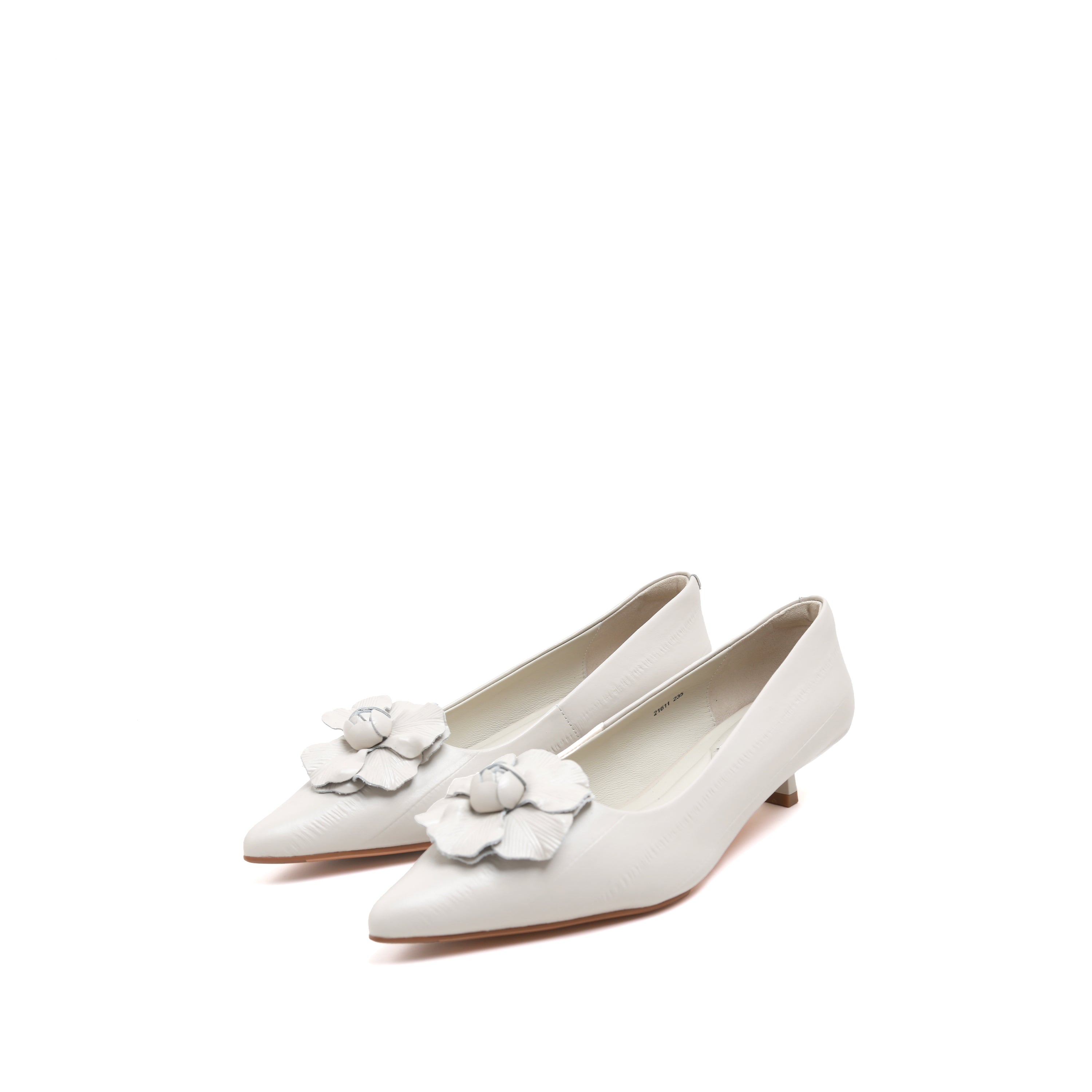 Beige Pointed Toe Leather Flower Kitten Heel Pumps