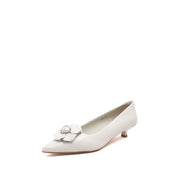 Beige Pointed Toe Leather Flower Kitten Heel Pumps