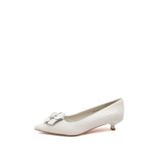 Beige Pointed Toe Leather Flower Kitten Heel Pumps
