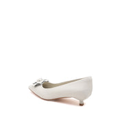 Beige Pointed Toe Leather Flower Kitten Heel Pumps