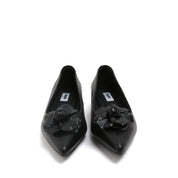Black Pointed Toe Leather Flower Kitten Heel Pumps