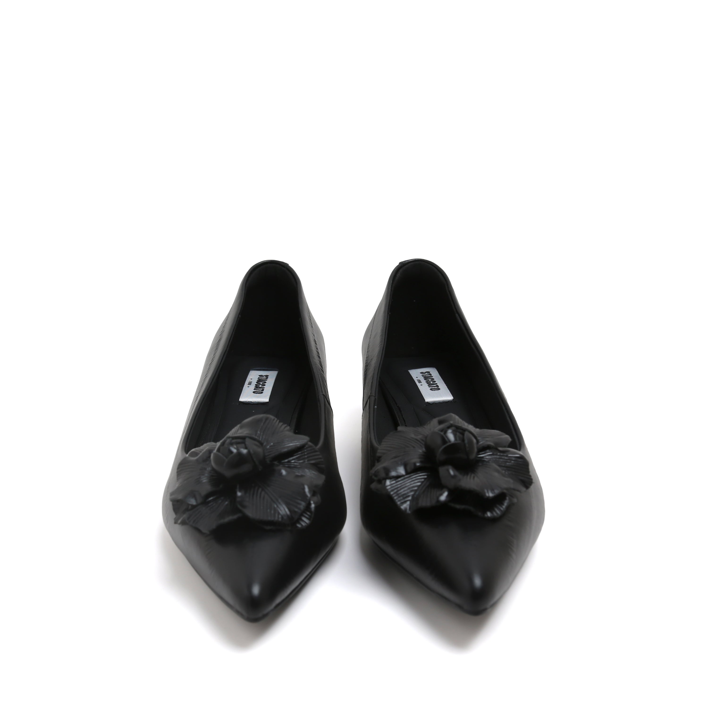 Black Pointed Toe Leather Flower Kitten Heel Pumps
