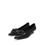 Black Pointed Toe Leather Flower Kitten Heel Pumps