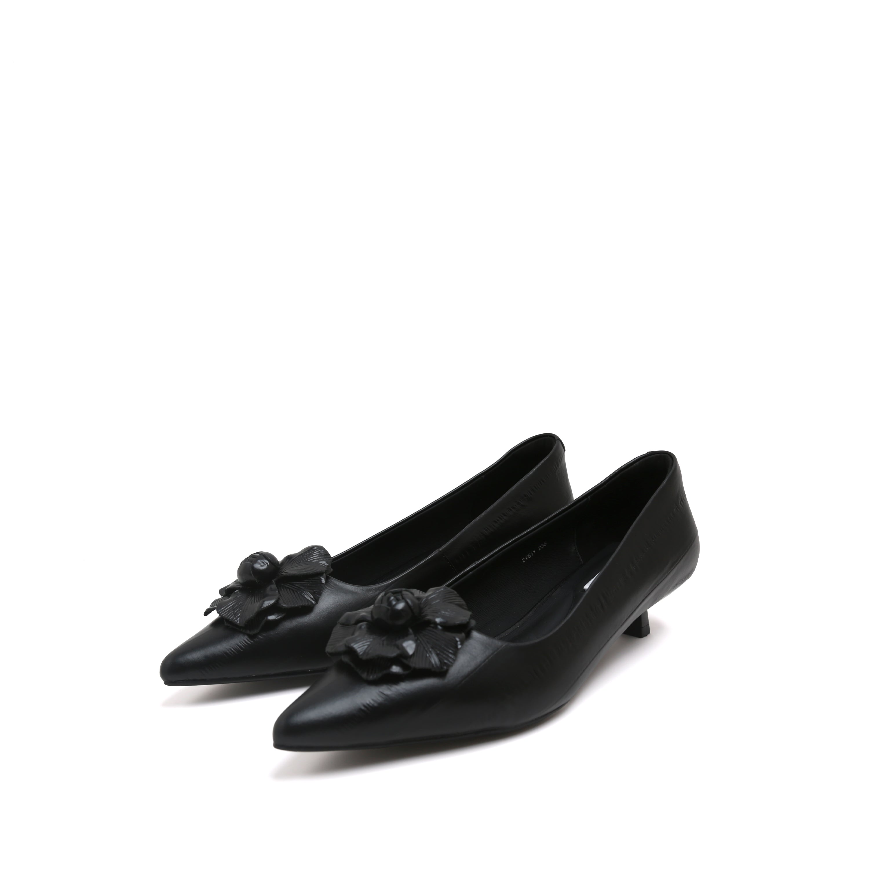 Black Pointed Toe Leather Flower Kitten Heel Pumps