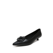 Black Pointed Toe Leather Flower Kitten Heel Pumps