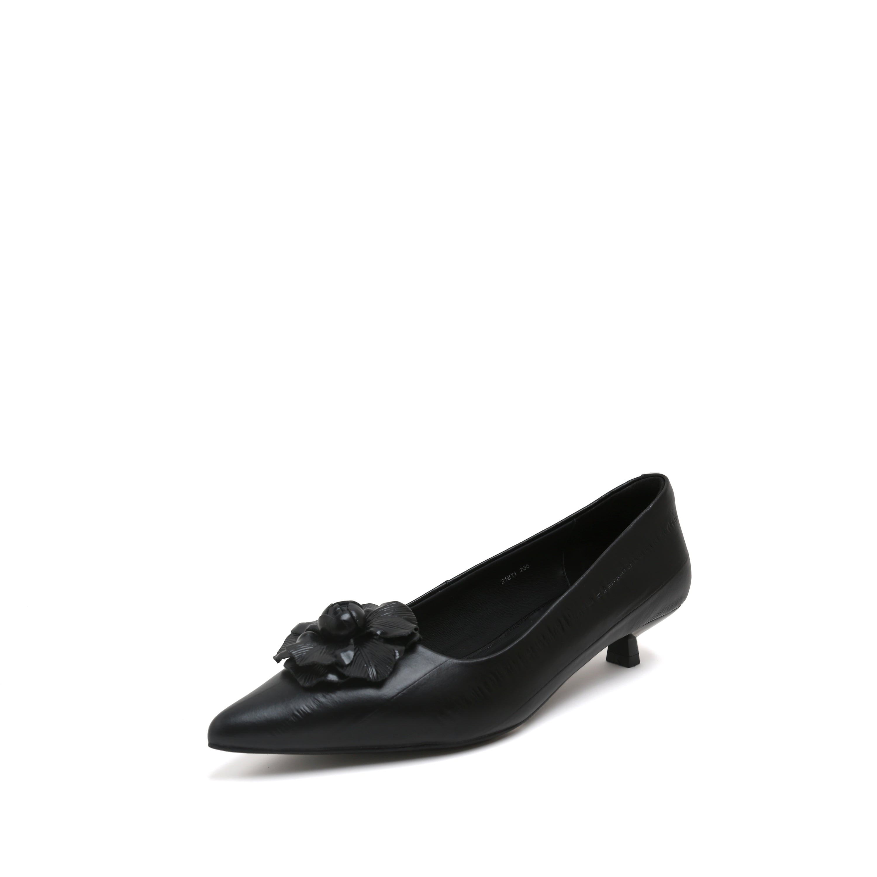 Black Pointed Toe Leather Flower Kitten Heel Pumps