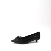 Black Pointed Toe Leather Flower Kitten Heel Pumps