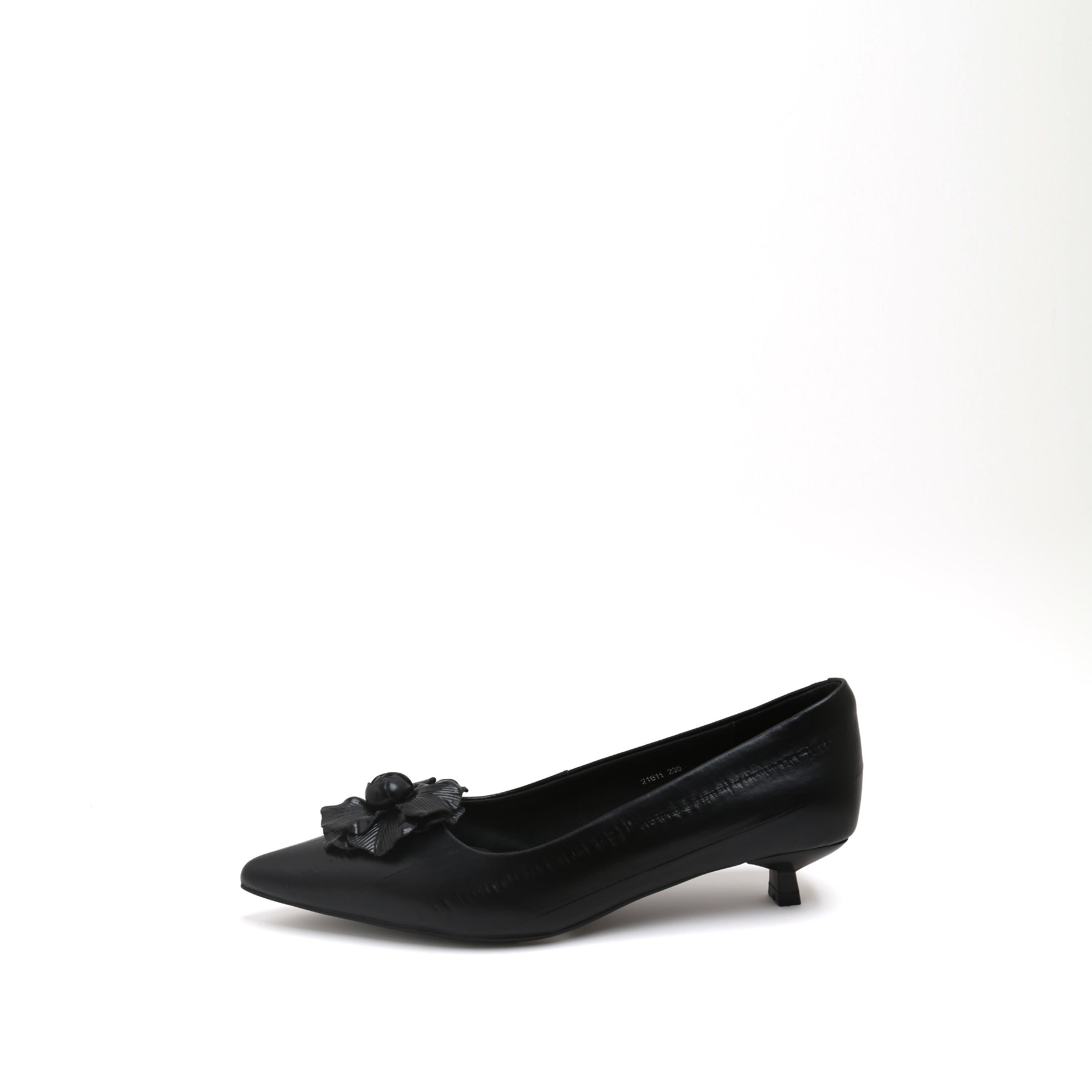 Black Pointed Toe Leather Flower Kitten Heel Pumps