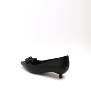 Black Pointed Toe Leather Flower Kitten Heel Pumps