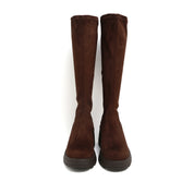 Dark Brown Stretch Silk Knee-High Block Heel Boots