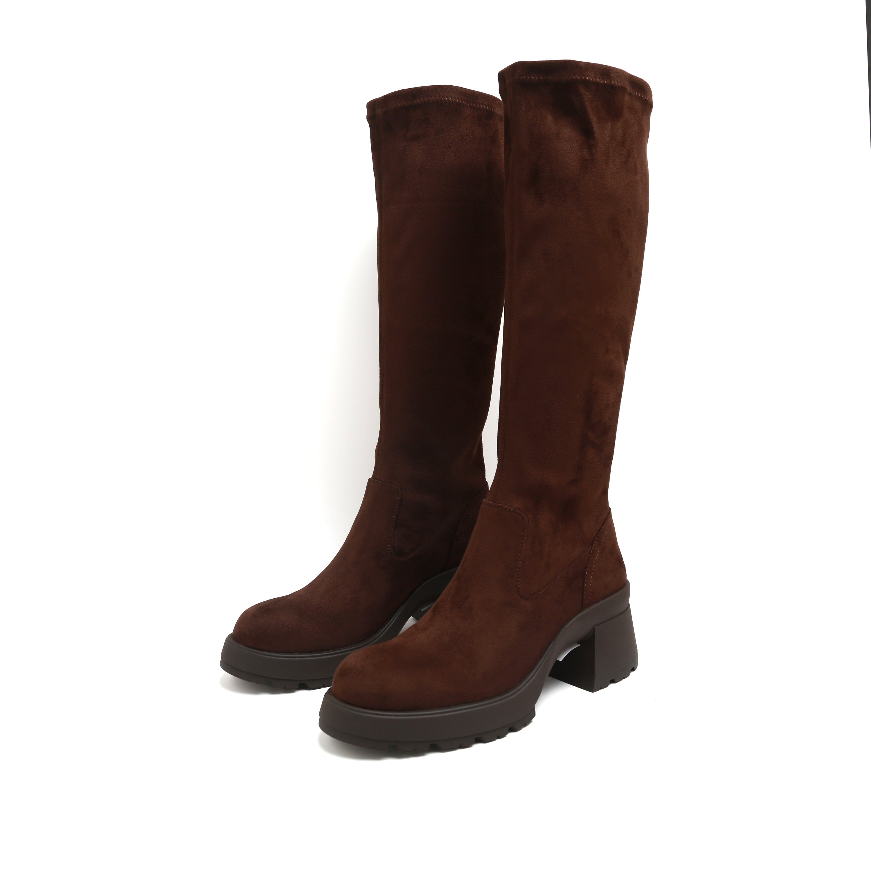 Dark Brown Stretch Silk Knee-High Block Heel Boots