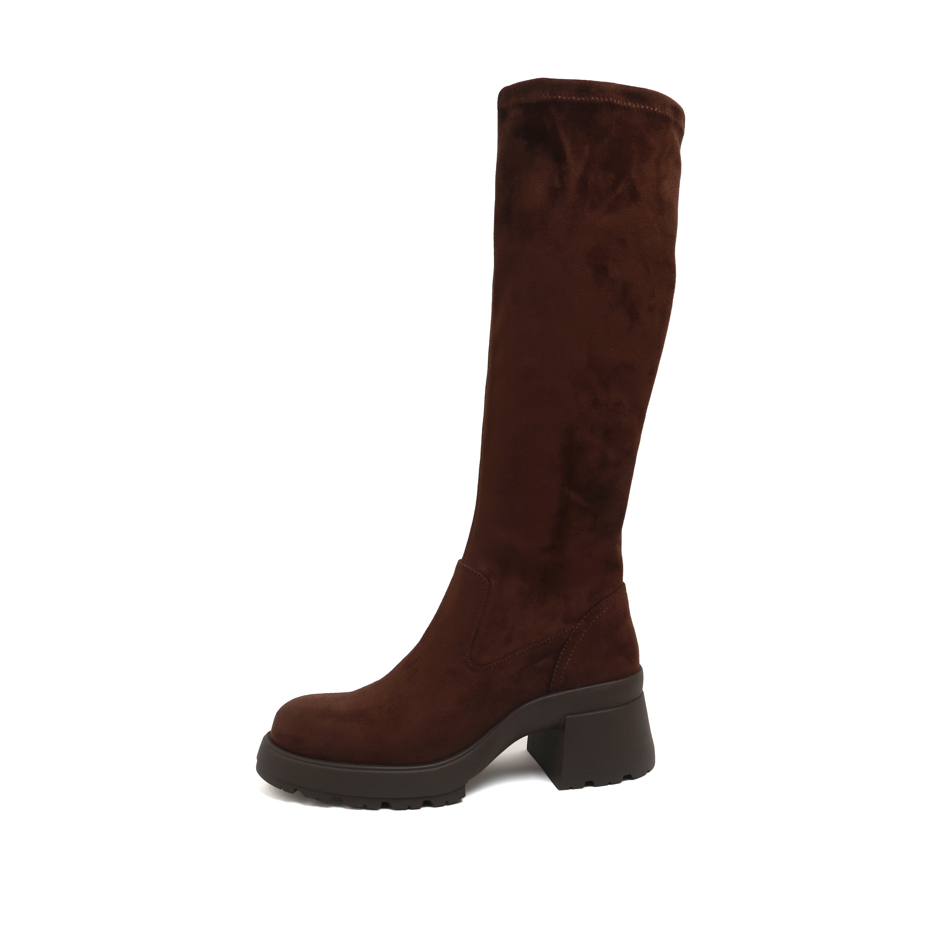 Dark Brown Stretch Silk Knee-High Block Heel Boots